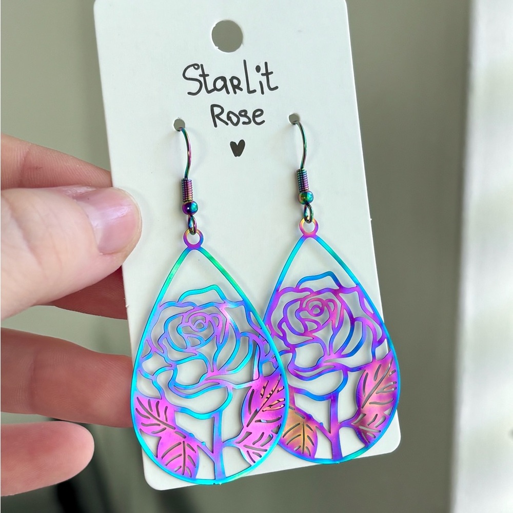 🔴SOLD 🌹 Starlit Rose Earrings – Handmade Iridescent Teardrop Dangles